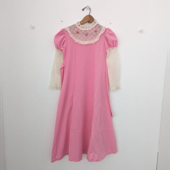 Vintage Growing Girls Dress Size 8 Pink Boho Lace Polyester Midi/Maxi Hippie - Picture 1 of 6